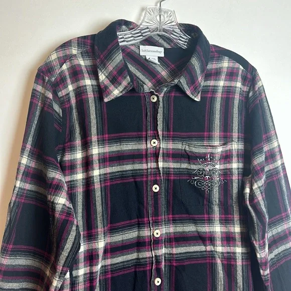 Soft Surroundings Pink Black Plaid Flannel Button Down Tunic Size 1X - Picture 2 of 12